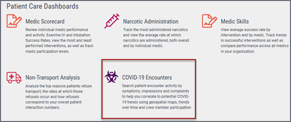 On the Patient Care Dashboard area, click COVID-19 Encounters.